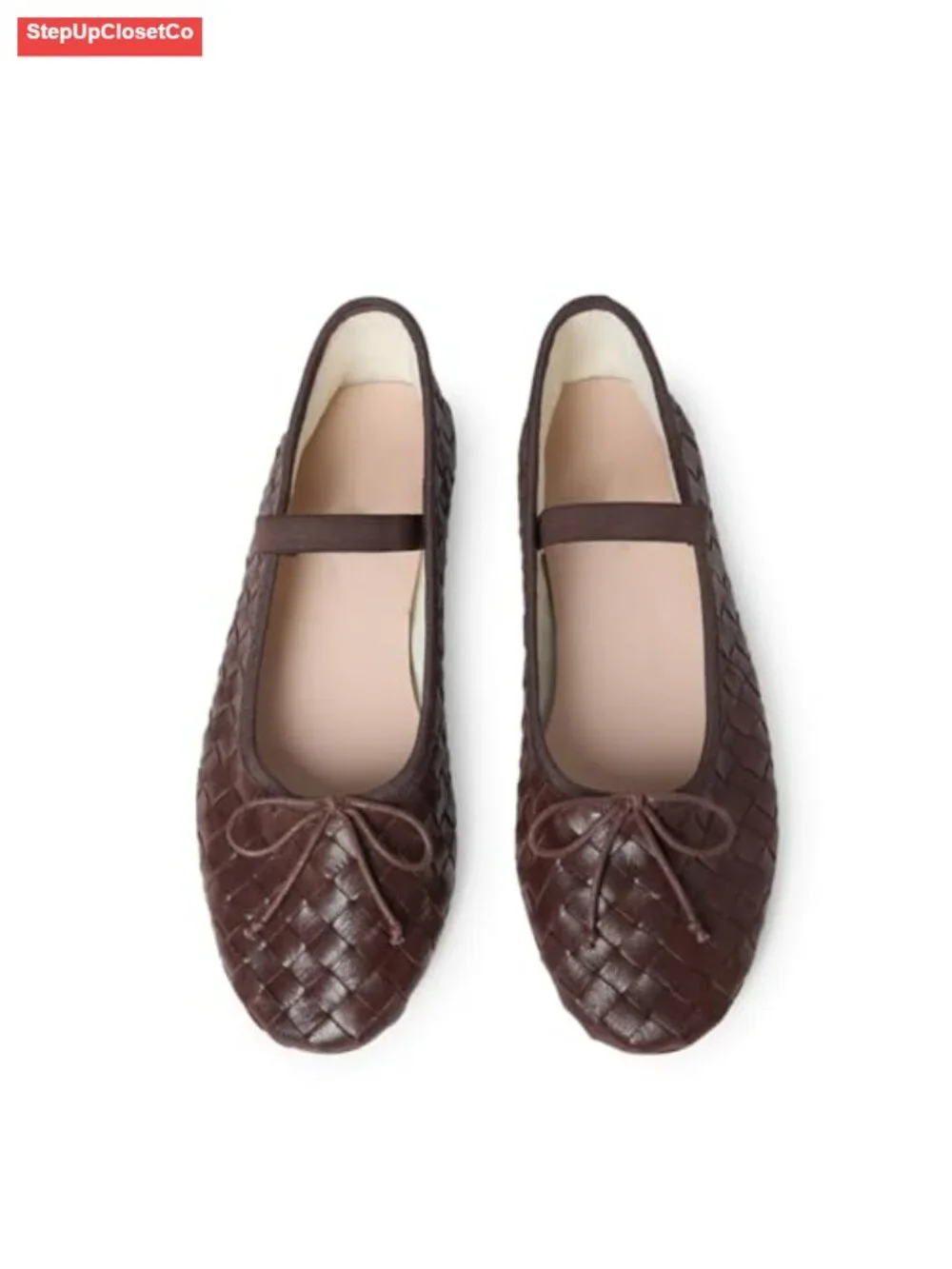 Womens Woven Ballet Flats with Bow Round Toe Slip On Mary Jane Elastic Strap